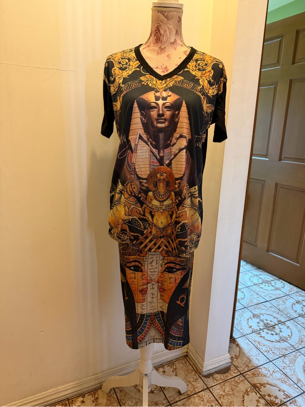 Egyptian Motif Black & Gold V-Neck skirt and top